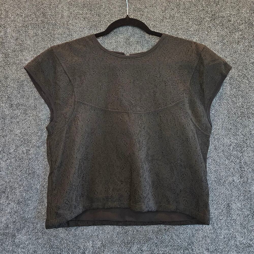 Yimei Black Floral Lace Blouse Cap Sleeve Lined Elegant Top